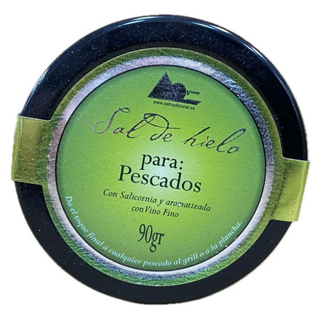 SAL DE HIELO PARA PESCADOS CON SALICORNIA Y AROMATIZADA CON VINO FINO 90 gr SALINAS SAN VICENTE