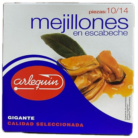 MEJILLONES EN ESCABECHE GIGANTES 10/14 PIEZAS 266 gr ARLEQUÍN CALIDAD SELECCIONADA 
