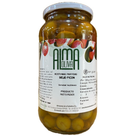 ACEITUNAS PARTIDAS MOJO PICÓN 950 gr VARIEDAD HOJIBLANCA ALMA OLIVA