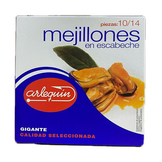 MEJILLONES EN ESCABECHE GIGANTES 10/14 PIEZAS 266 gr ARLEQUÍN CALIDAD SELECCIONADA 