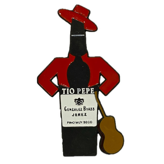IMÁN DE NEVERA TÍO PEPE – BOTELLA CLÁSICA CON GUITARRA Y CHAQUETA ROJA