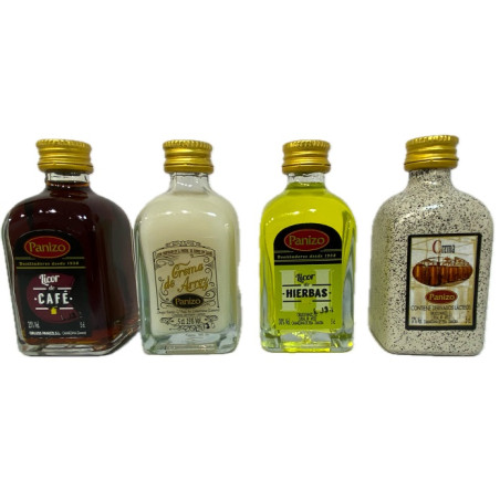PACK MINIATURAS LICORES PANIZO 4×5 CL – CAFÉ HIERBAS CREMA DE ARROZ Y ORUJO