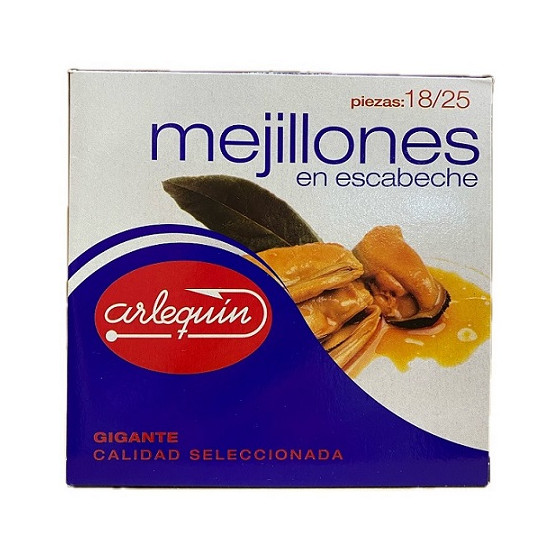 MEJILLONES EN ESCABECHE GIGANTES 18/25 PIEZAS 523 gr ARLEQUÍN CALIDAD SELECCIONADA 