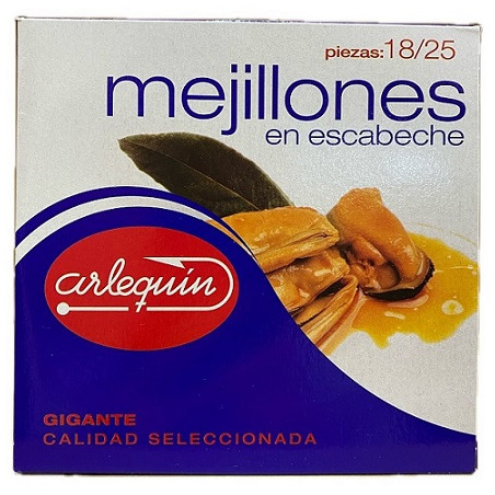 MEJILLONES EN ESCABECHE GIGANTES 18/25 PIEZAS 523 gr ARLEQUÍN CALIDAD SELECCIONADA 