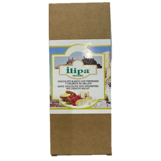 CHOCOLATE BLANCO CON FRAMBUESA Y CRUJIENTE DE GALLETA ILIPA 110 G – ARTESANAL DE OLVERA (CÁDIZ)