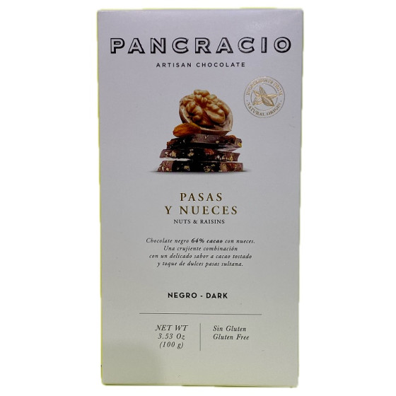 TABLETA CHOCOLATE NEGRO 64% PASAS Y NUECES PANCRACIO 100G – GOURMET ARTESANAL