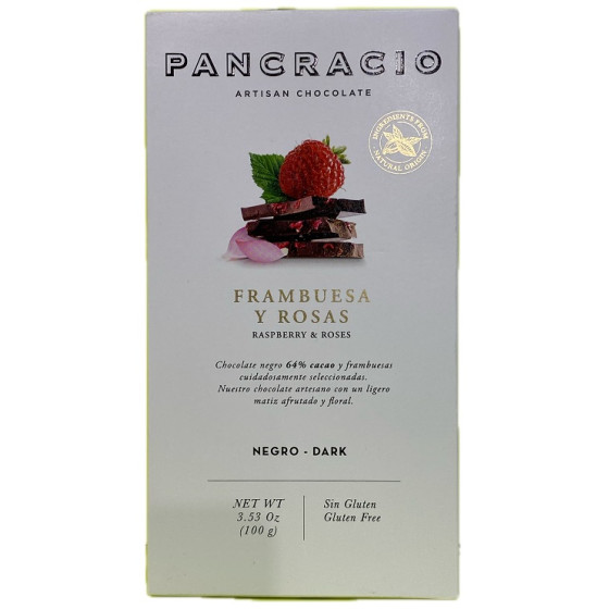 TABLETA CHOCOLATE NEGRO 64% FRAMBUESAS Y ROSAS PANCRACIO 100G – GOURMET ESPAÑOL
