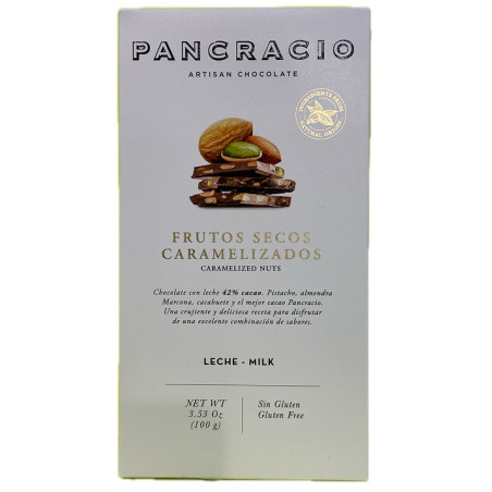 TABLETA CHOCOLATE CON LECHE 42% FRUTOS SECOS CARAMELIZADOS PANCRACIO 100G – GOURMET