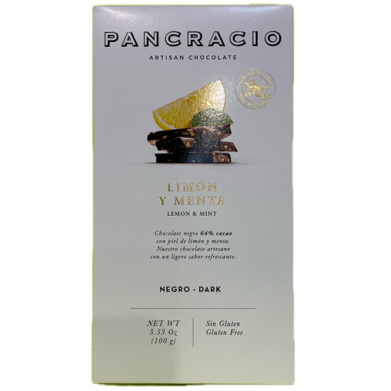 TABLETA CHOCOLATE NEGRO 64% LIMÓN Y MENTA PANCRACIO 100G – GOURMET ARTESANAL