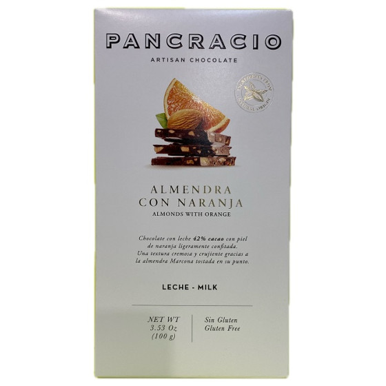 TABLETA CHOCOLATE CON LECHE 42% ALMENDRAS Y NARANJA PANCRACIO 100G – GOURMET ESPAÑOL
