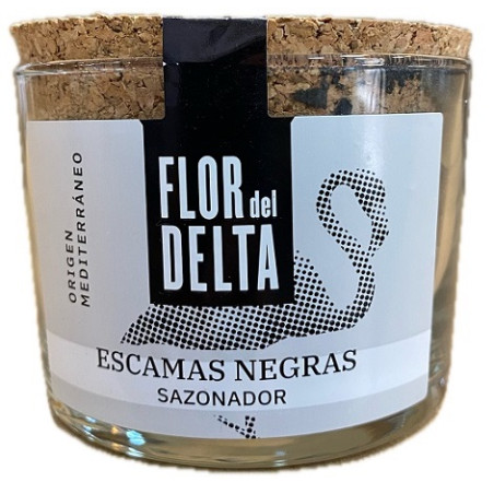 ESCAMAS NEGRAS SAZONADOR FLOR DEL DELTA 90 G – SAL GOURMET ARTESANAL EN TARRO DE CRISTAL

