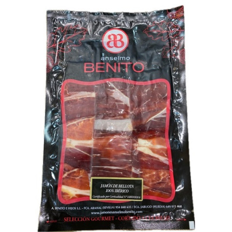 JAMÓN DE BELLOTA 100% IBÉRICO LONCHEADO A CUCHILLO ANSELMO BENITO 100 G