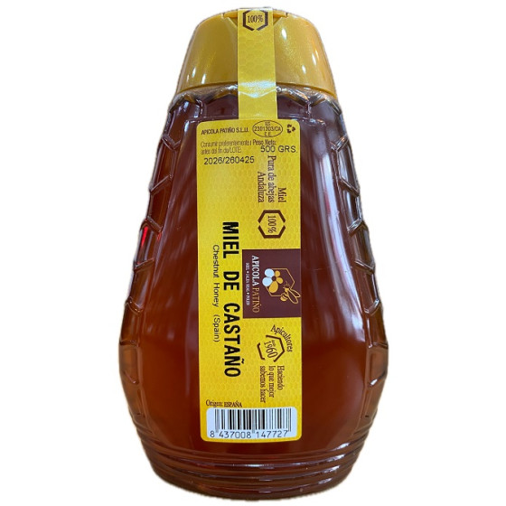 MIEL DE CASTAÑO APÍCOLA PATIÑO 500 G – ENVASE PLÁSTICO ANTIGOTEO ARTESANAL CONIL