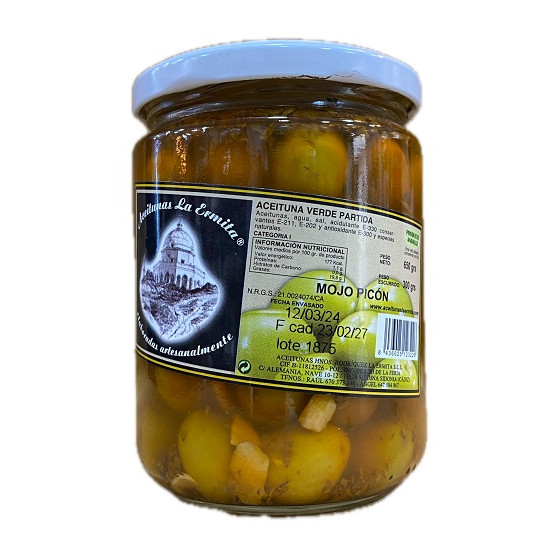 ACEITUNAS VERDES PARTIDAS MOJO PICÓN 650 gr ACEITUNAS LA ERMITA
