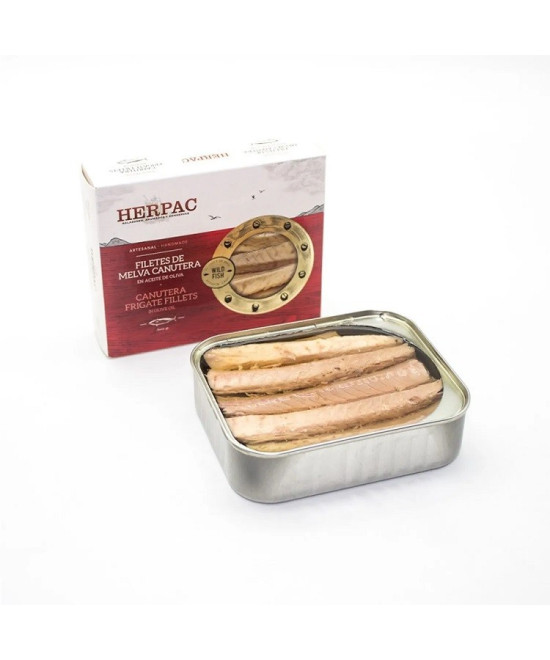 FILETES DE MELVA CANUTERA EN ACEITE DE OLIVA LATA 245g. HERPAC BARBATE