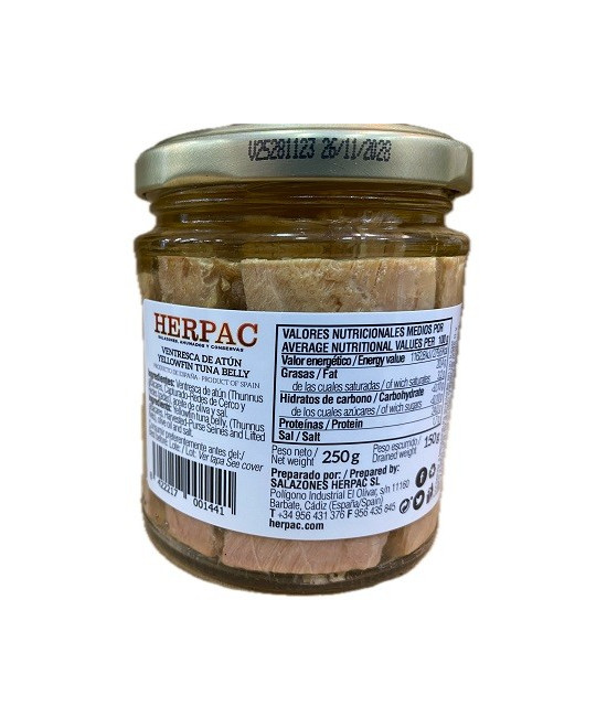 VENTRESCA DE ATÚN DE ALETA AMARILLA EN ACEITE DE OLIVA TARRO 250g. HERPAC BARBATE