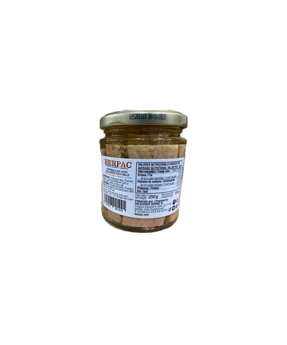 VENTRESCA DE ATÚN DE ALETA AMARILLA EN ACEITE DE OLIVA TARRO 250g. HERPAC BARBATE