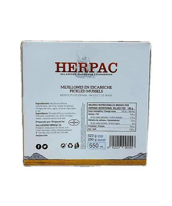 MEJILLONES EN ESCABECHE HERPAC 523 G – BARBATE SALAZONES, AHUMADOS Y C