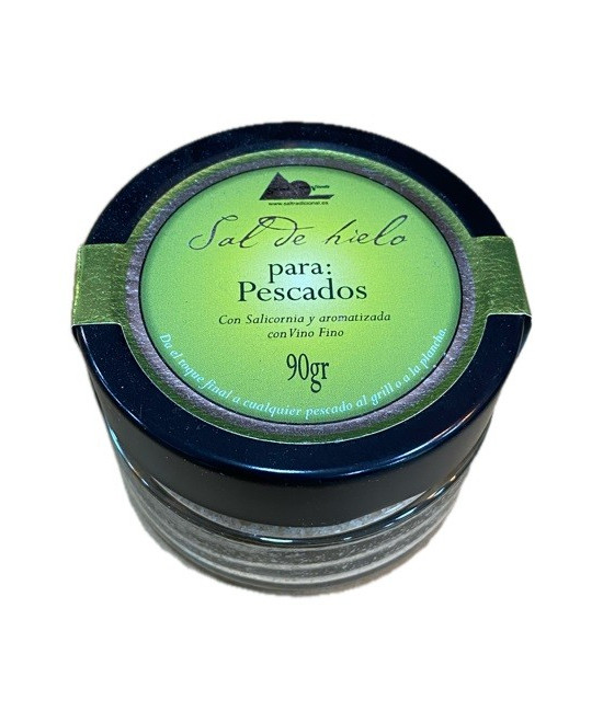 SAL DE HIELO PARA PESCADOS CON SALICORNIA Y AROMATIZADA CON VINO FINO. 90 gr. SALINAS SAN VICENTE