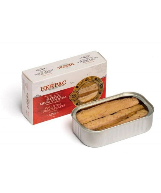 FILETES DE MELVA CANUTERA EN ACEITE DE OLIVA LATA 120g. HERPAC BARBATE