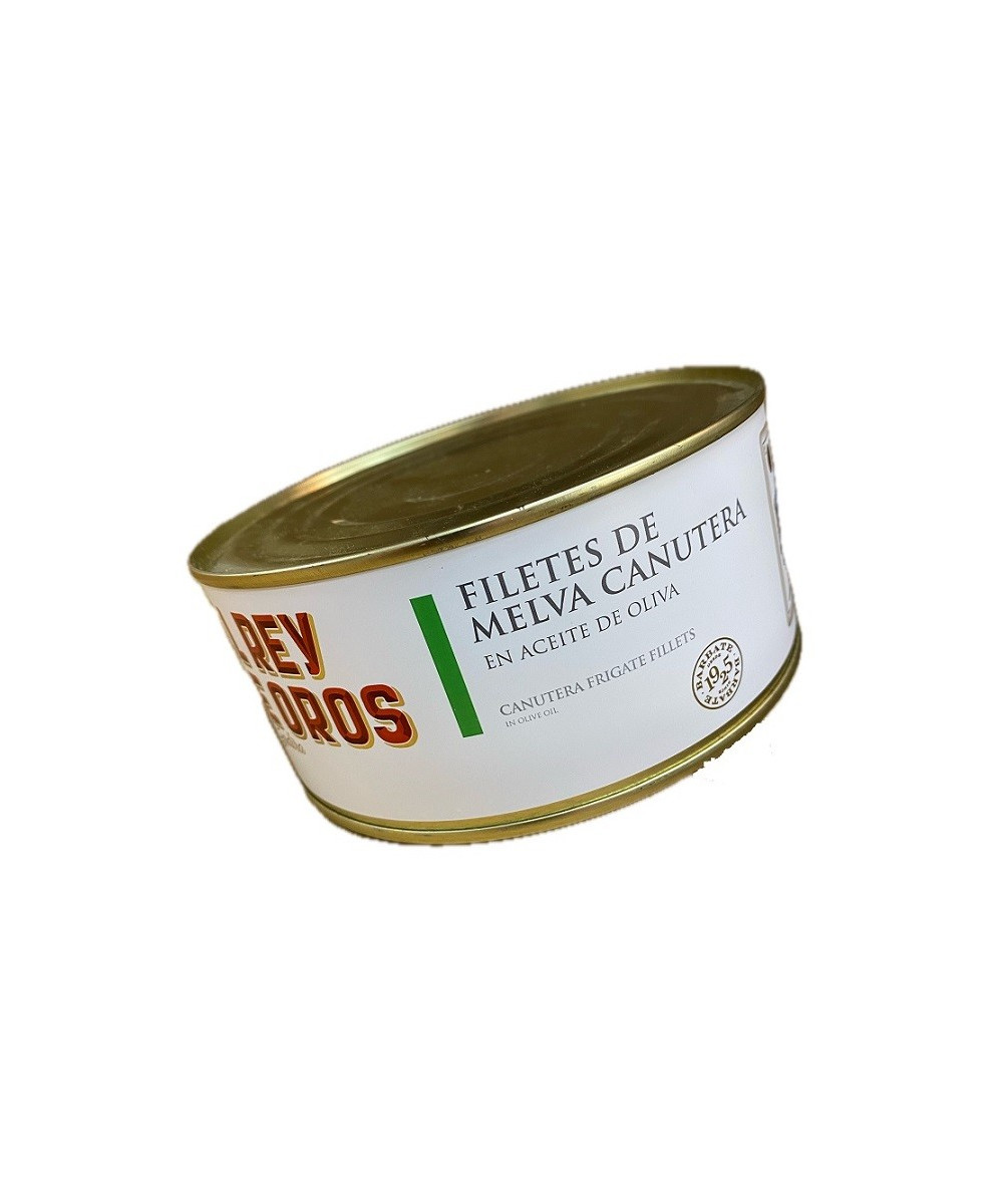 FILETES DE MELVA CANUTERA EN ACEITE DE OLIVA LATA 975g. EL REY DE OROS BARBATE