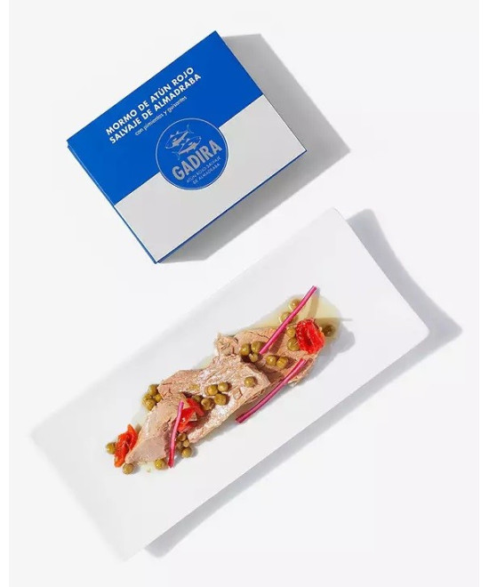 MORMO DE ATÚN ROJO SALVAJE DE ALMADRABA CON PIMIENTOS Y GUISANTES LATA
