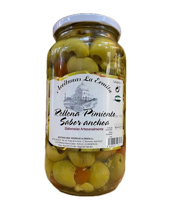 ACEITUNAS RELLENAS PIMIENTOS ROJOS CON SABOR ANCHOA 1350gr. ACEITUNAS LA ERMINTA