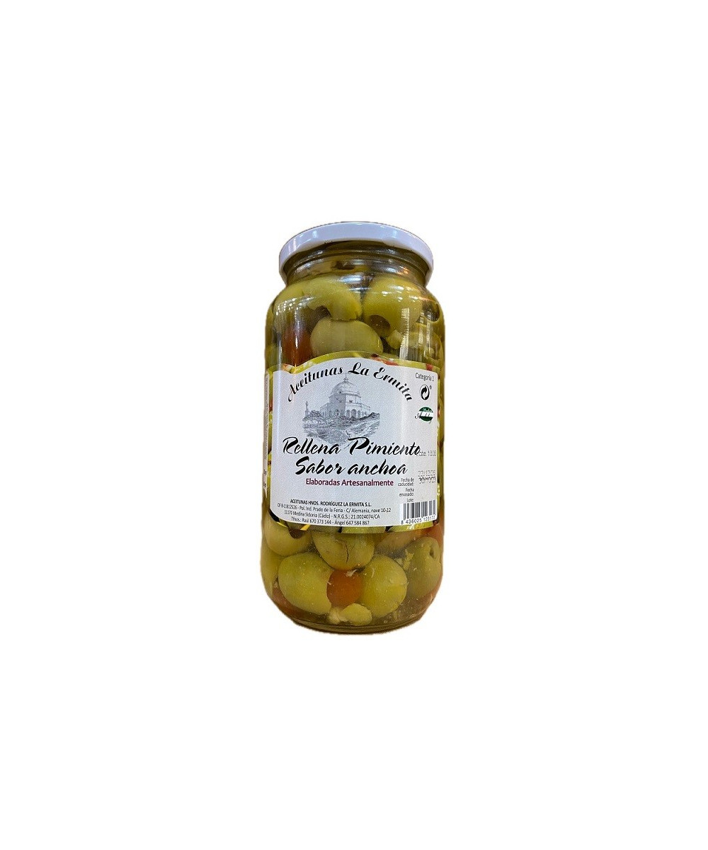 ACEITUNAS RELLENAS PIMIENTOS ROJOS CON SABOR ANCHOA 1350gr. ACEITUNAS LA ERMINTA