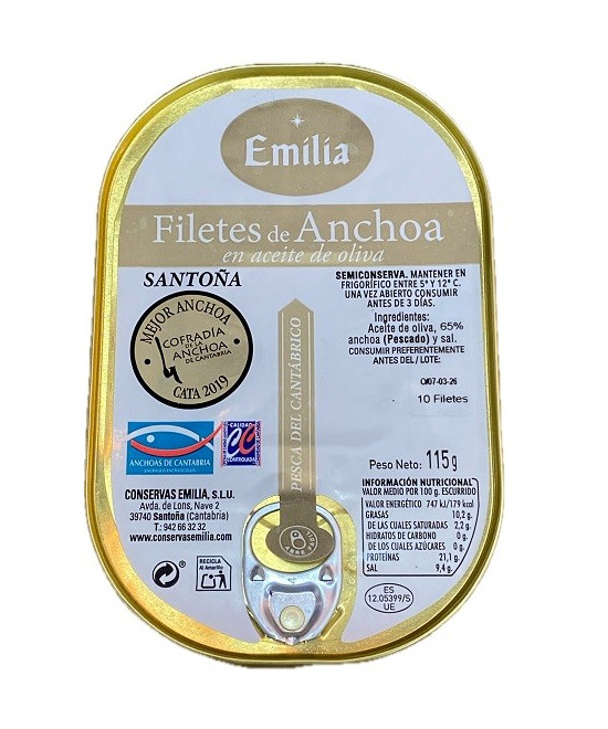 ANCHOAS DEL CANTÁBRICO 115G 10 FILETES CONSERVAS EMILIA EN ACEITE DE OLIVA SANTOÑA