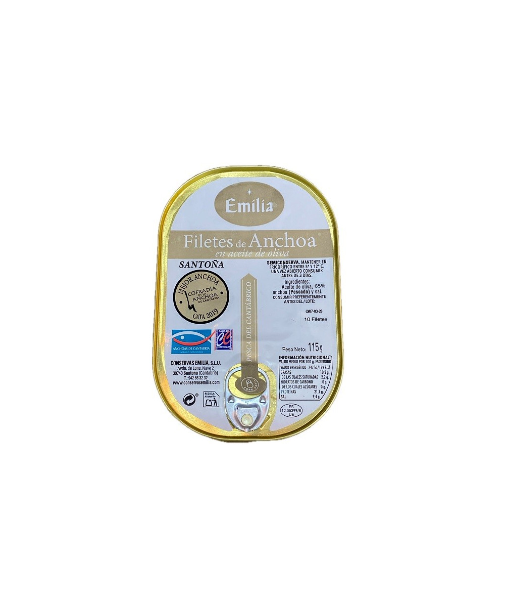 ANCHOAS DEL CANTÁBRICO 115G 10 FILETES CONSERVAS EMILIA EN ACEITE DE OLIVA SANTOÑA