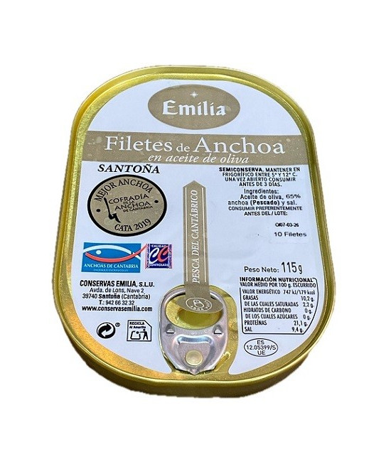 ANCHOAS DEL CANTÁBRICO 115G 10 FILETES CONSERVAS EMILIA EN ACEITE DE OLIVA SANTOÑA