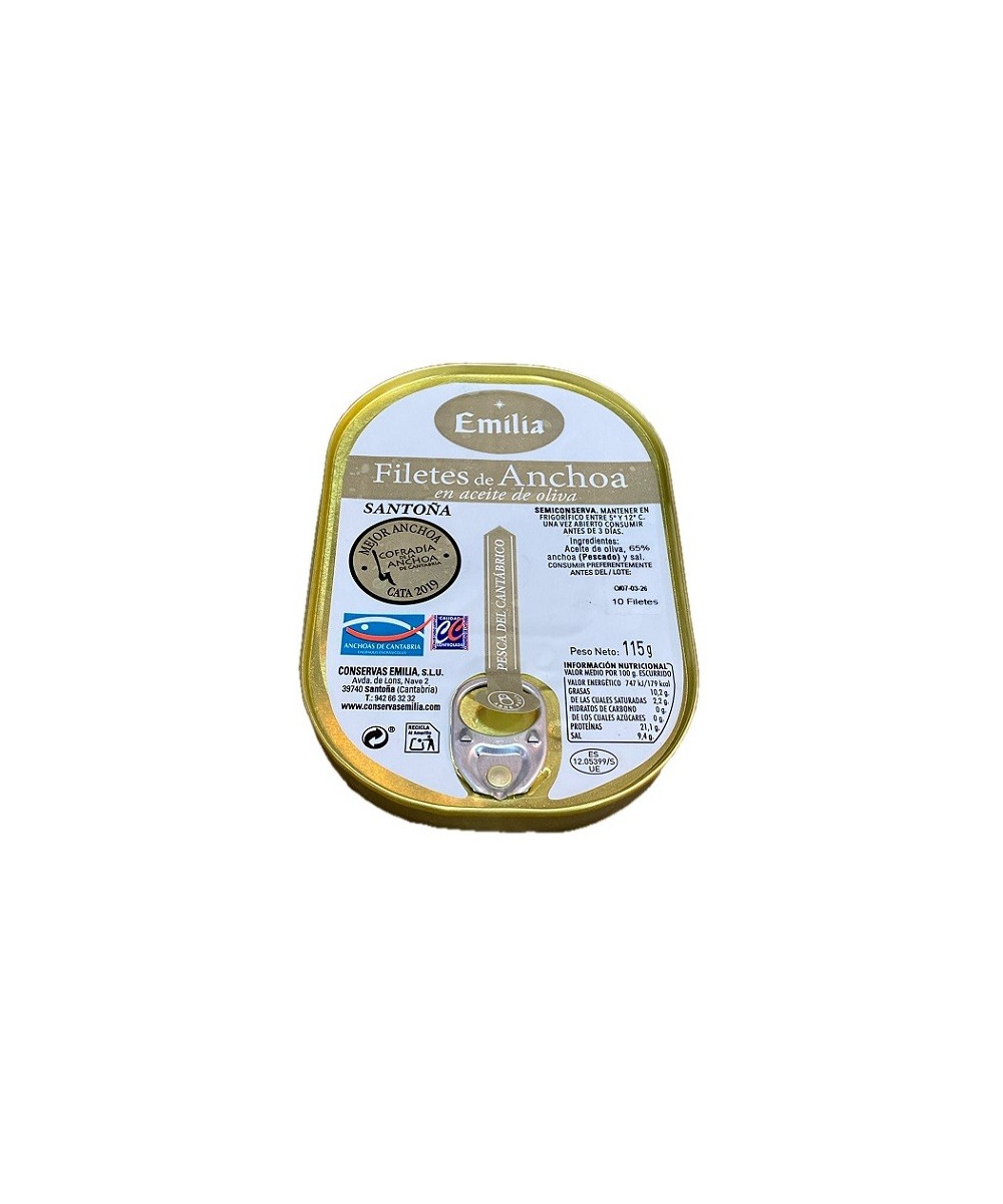 ANCHOAS DEL CANTÁBRICO 115G 10 FILETES CONSERVAS EMILIA EN ACEITE DE OLIVA SANTOÑA