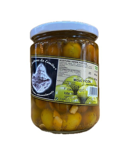 ACEITUNAS VERDES PARTIDAS MOJO PICÓN 650 gr. ACEITUNAS LA ERMITA