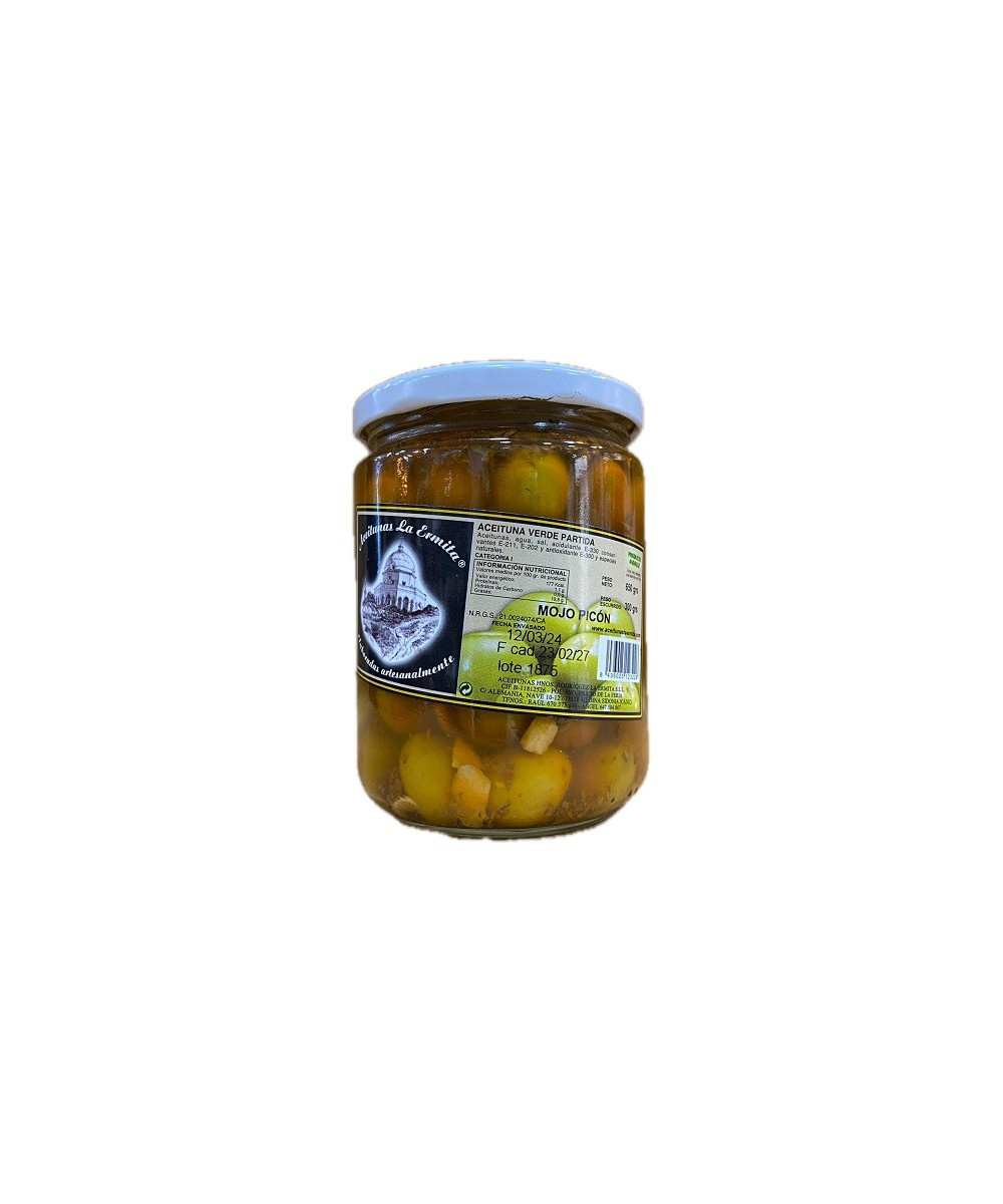 ACEITUNAS VERDES PARTIDAS MOJO PICÓN 650 gr. ACEITUNAS LA ERMITA