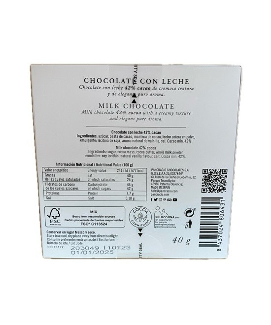 CHOCOLATE ARTESANO CON LECHE 40g PANCRACIO