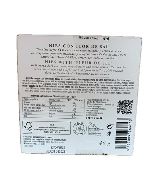 CHOCOLATE ARTESANO NIBS CON FLOR DE SAL 40g PANCRACIO
