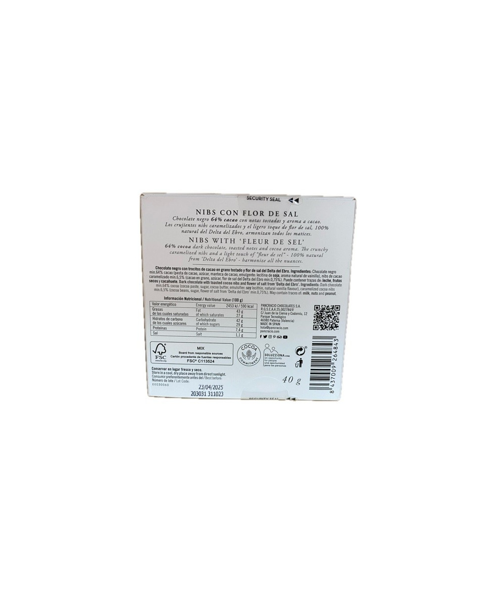 CHOCOLATE ARTESANO NIBS CON FLOR DE SAL 40g PANCRACIO