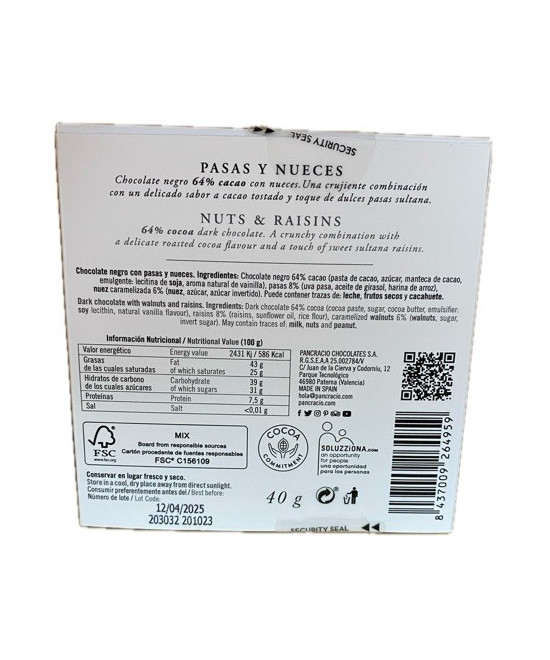 CHOCOLATE ARTESANO CON PASAS Y NUECES 40g PANCRACIO