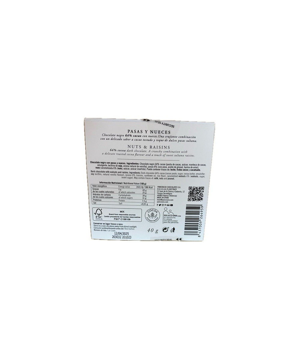 CHOCOLATE ARTESANO CON PASAS Y NUECES 40g PANCRACIO