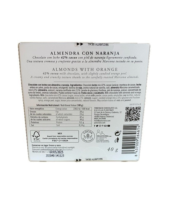 CHOCOLATE ARTESANO ALMENDRA CON NARANJA 40g PANCRACIO
