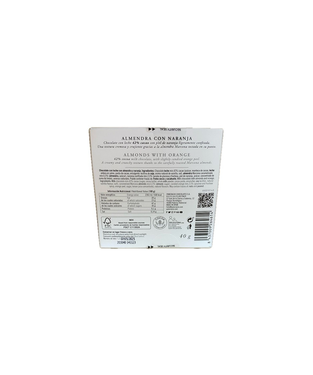 CHOCOLATE ARTESANO ALMENDRA CON NARANJA 40g PANCRACIO