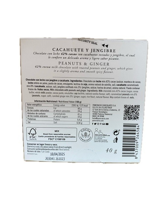 CHOCOLATE ARTESANO CACAHUETE Y JENGIBRE 40g PANCRACIO