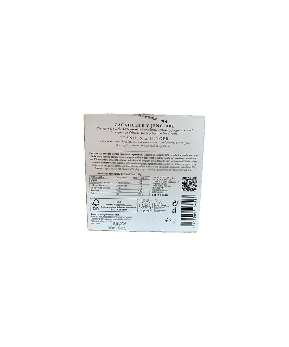 CHOCOLATE ARTESANO CACAHUETE Y JENGIBRE 40g PANCRACIO