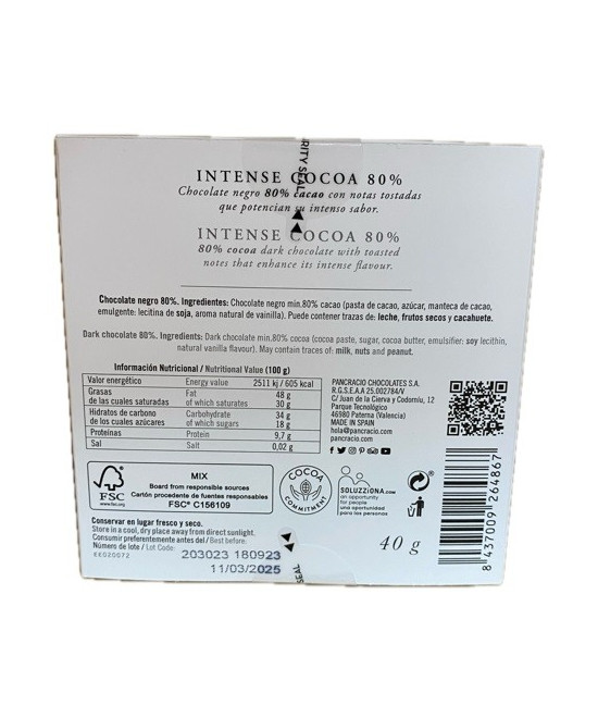 CHOCOLATE ARTESANO 80% INTENSE COCOA 40g PANCRACIO