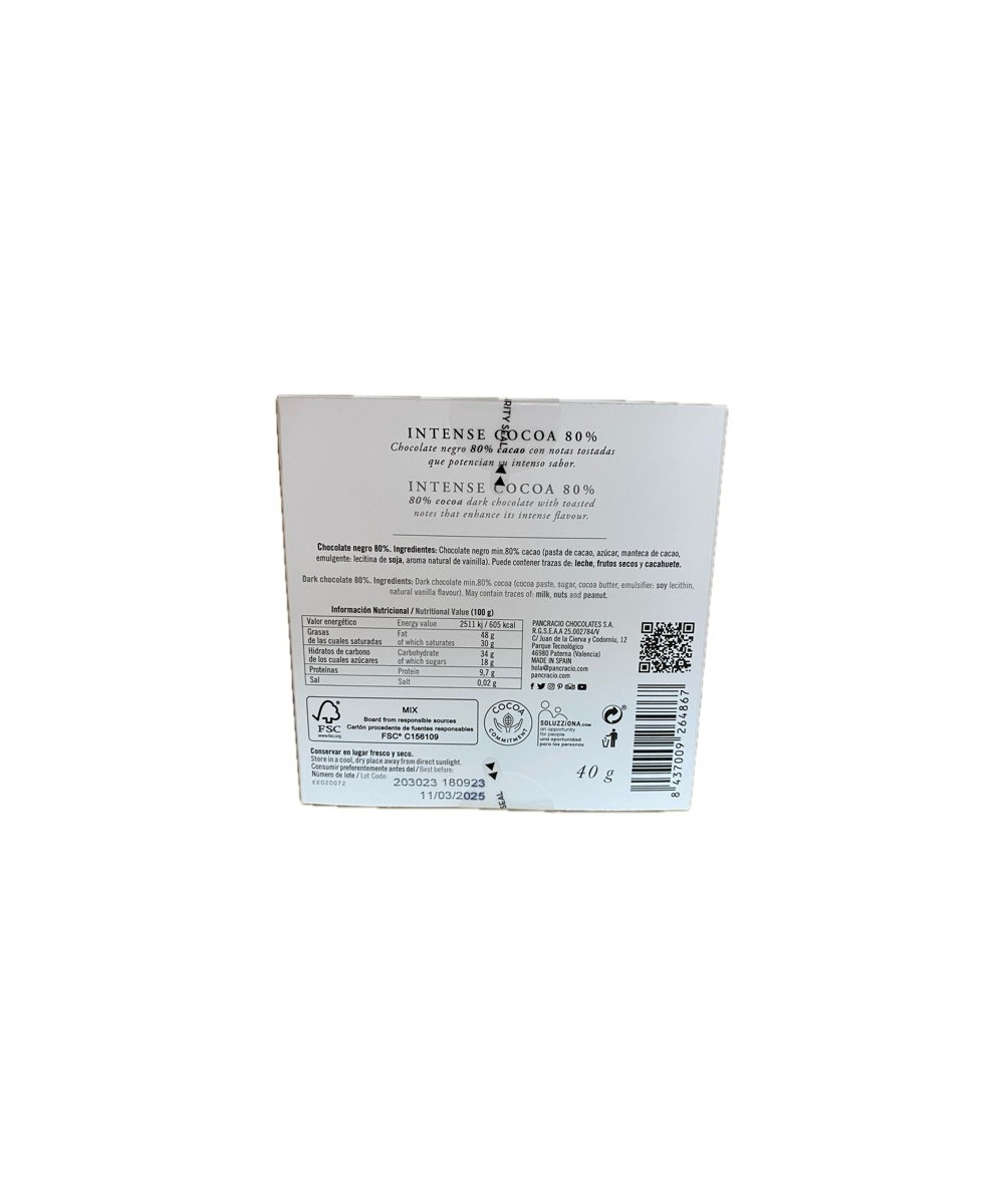 CHOCOLATE ARTESANO 80% INTENSE COCOA 40g PANCRACIO