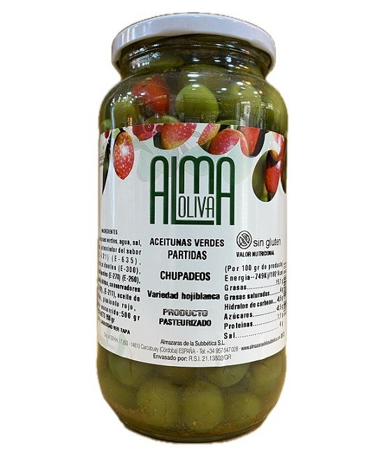 ACEITUNAS VERDES PARTIDAS CHUPADEOS 950 gr. ALMA OLIVA