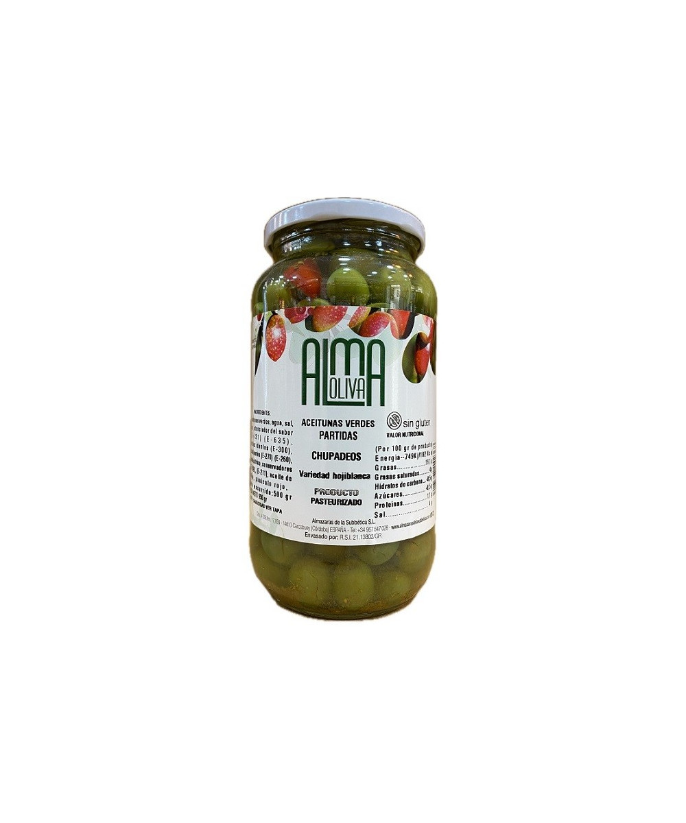 ACEITUNAS VERDES PARTIDAS CHUPADEOS 950 gr. ALMA OLIVA