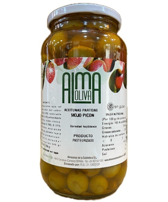 ACEITUNAS PARTIDAS MOJO PICÓN 950 gr. VARIEDAD HOJIBLANCA ALMA OLIVA