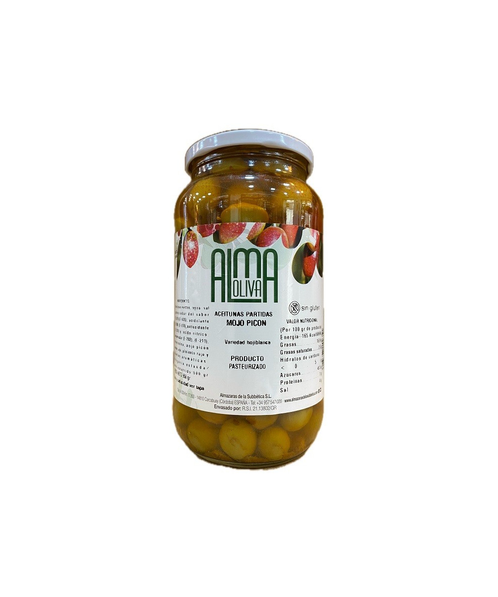 ACEITUNAS PARTIDAS MOJO PICÓN 950 gr. VARIEDAD HOJIBLANCA ALMA OLIVA