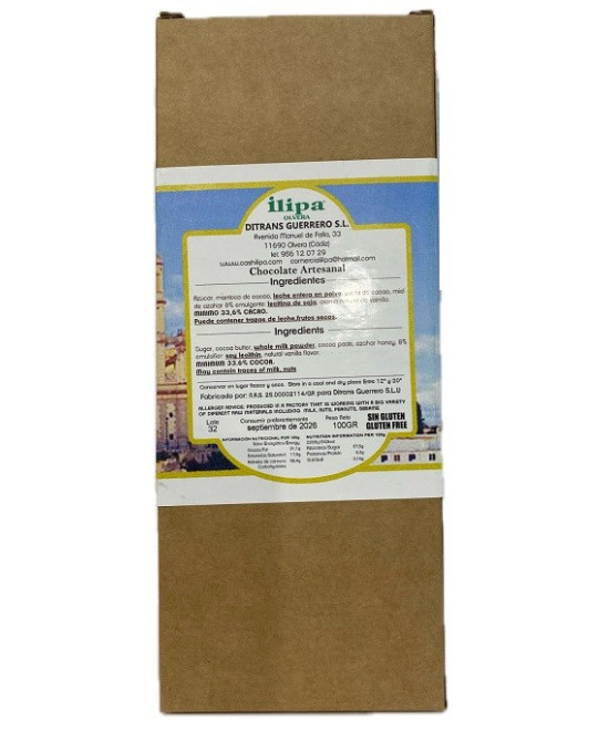 CHOCOLATE CON LECHE Y MIEL ILIPA 110 G – ARTESANAL DE OLVERA (CÁDIZ)